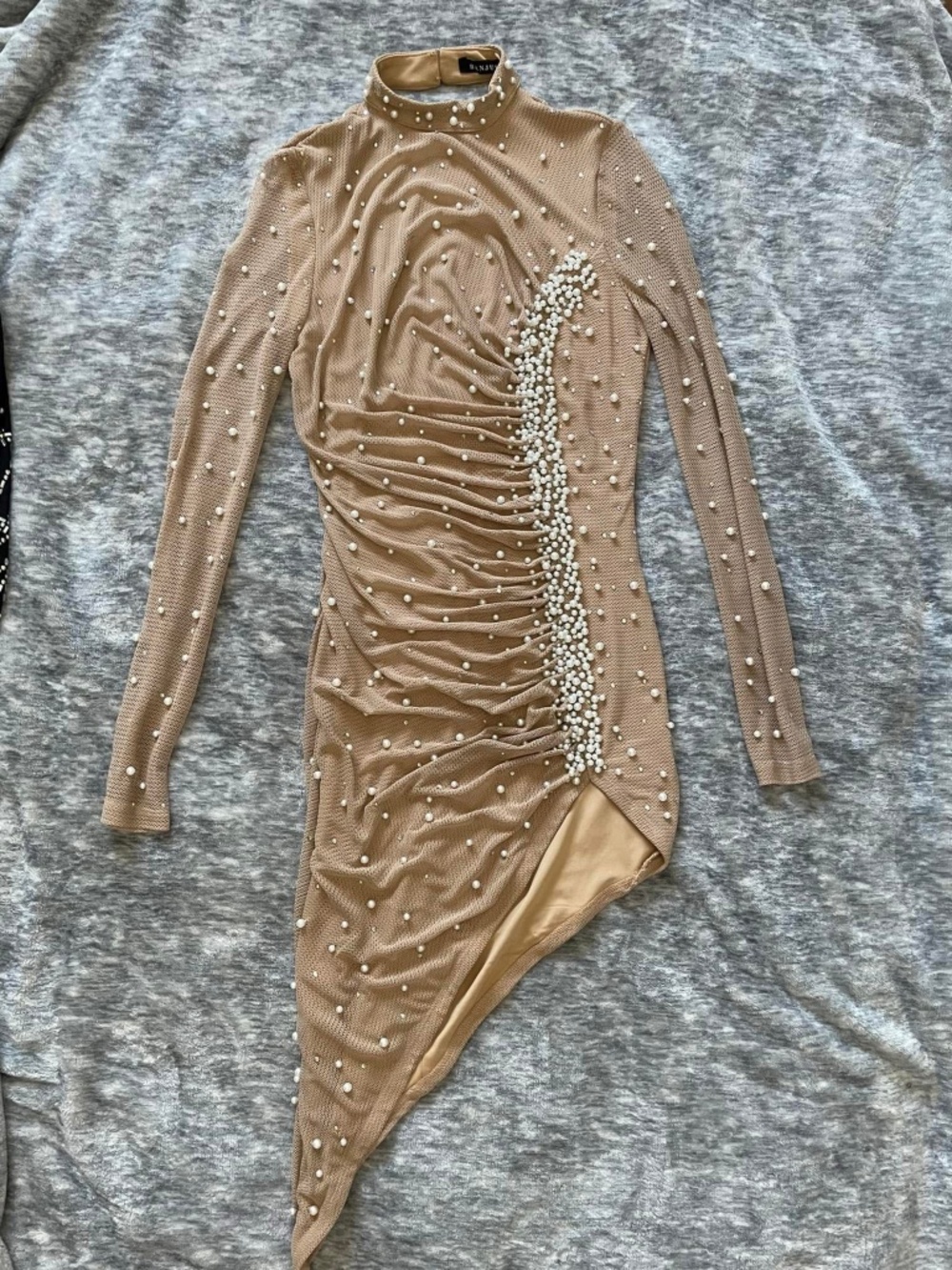 Rhinestone and Pearl Tan Dress